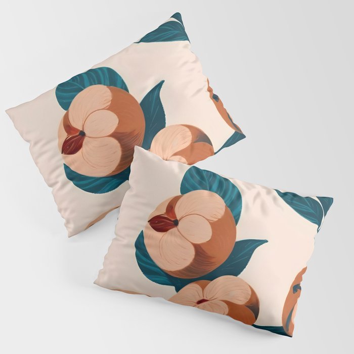 Half-Eaten Peaches, Vintage Botanical Illustration, Jungle Forest Fruits Nature, Eclectic Bohemian Plants Pillow Sham Gallery Image 1