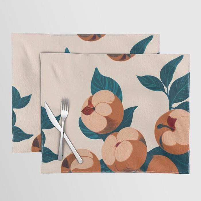 Half-Eaten Peaches, Vintage Botanical Illustration, Jungle Forest Fruits Nature, Eclectic Bohemian Plants Placemat Gallery Image 1