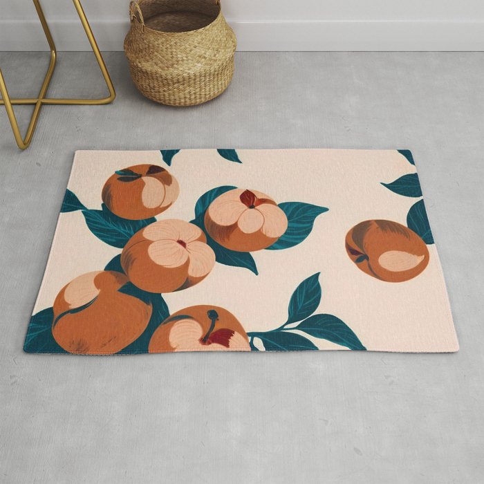 Half-Eaten Peaches, Vintage Botanical Illustration, Jungle Forest Fruits Nature, Eclectic Bohemian Plants Rug Gallery Image 1