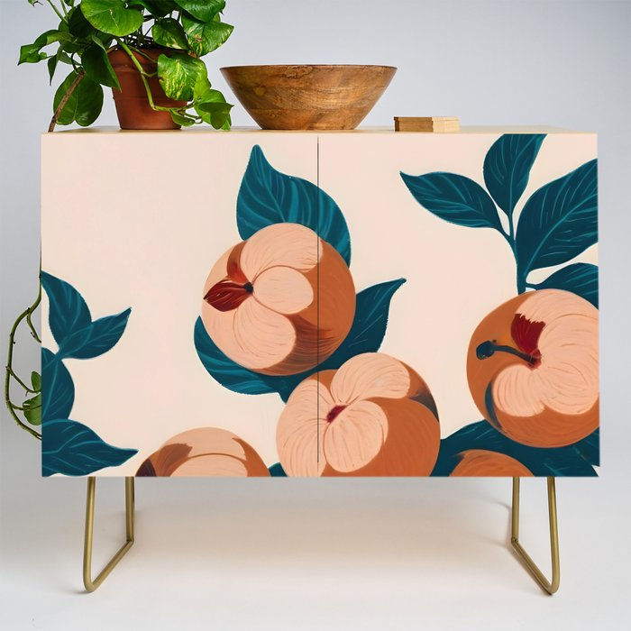 Half-Eaten Peaches, Vintage Botanical Illustration, Jungle Forest Fruits Nature, Eclectic Bohemian Plants Credenza Gallery Image 1