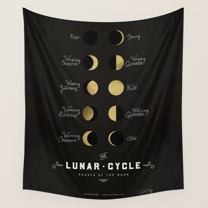 The Lunar Cycle â¢ Phases of the Moon - Black & Gold Palette Wall Tapestry Gallery Image 1