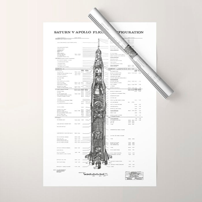 Apollo 11 Saturn V Blueprint in High Resolution (white) Wrapping Paper Gallery Image 1