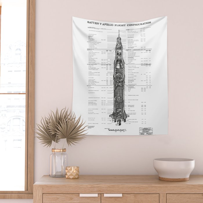 Apollo 11 Saturn V Blueprint in High Resolution (white) Wall Tapestry Gallery Image 2