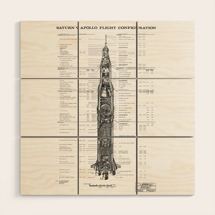 Apollo 11 Saturn V Blueprint in High Resolution (white) Wood Wall Art Gallery Image 1