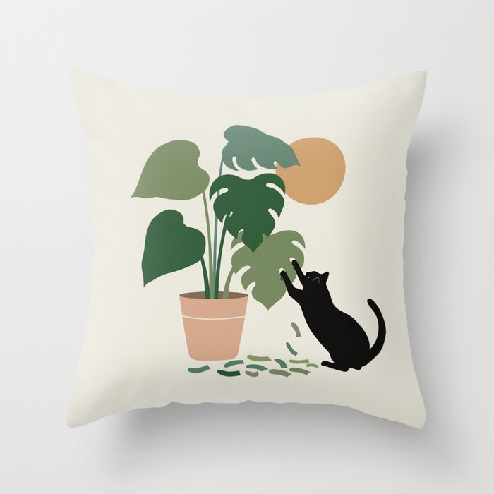 Cat and Plant 13: The Making of Monstera Throw Pillow Gallery Image 6