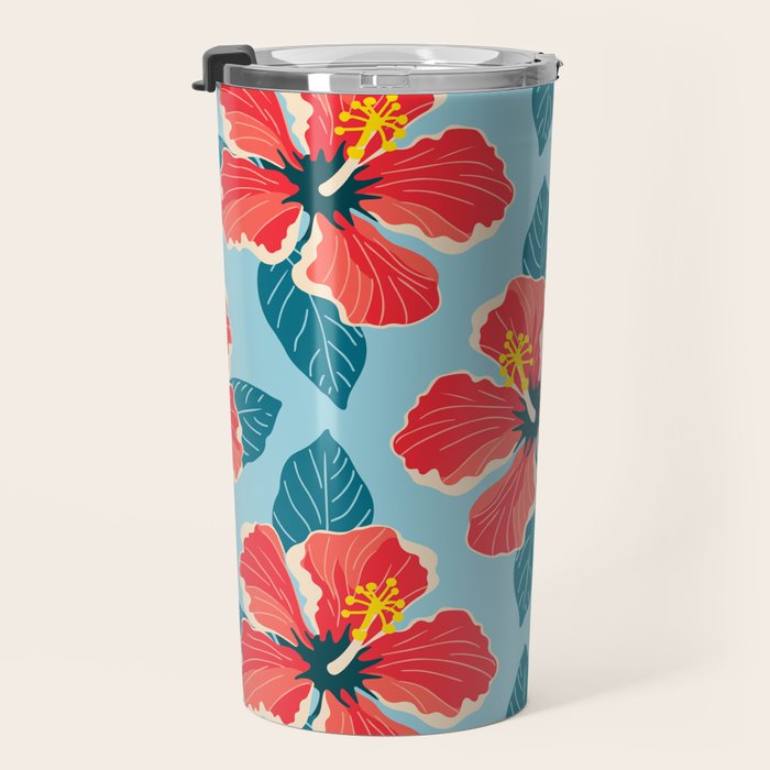 Tropical hibiscus summer flower art pattern Travel Mug Gallery Image 3