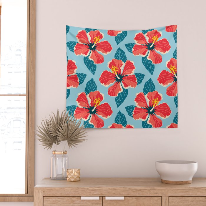 Tropical hibiscus summer flower art pattern Wall Tapestry Gallery Image 2
