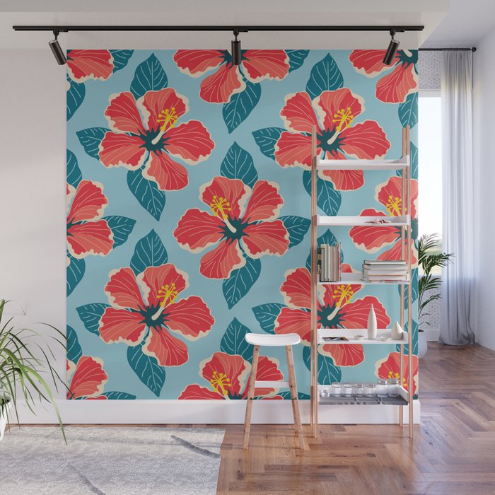 Tropical hibiscus summer flower art pattern Wall Mural Gallery Image 1