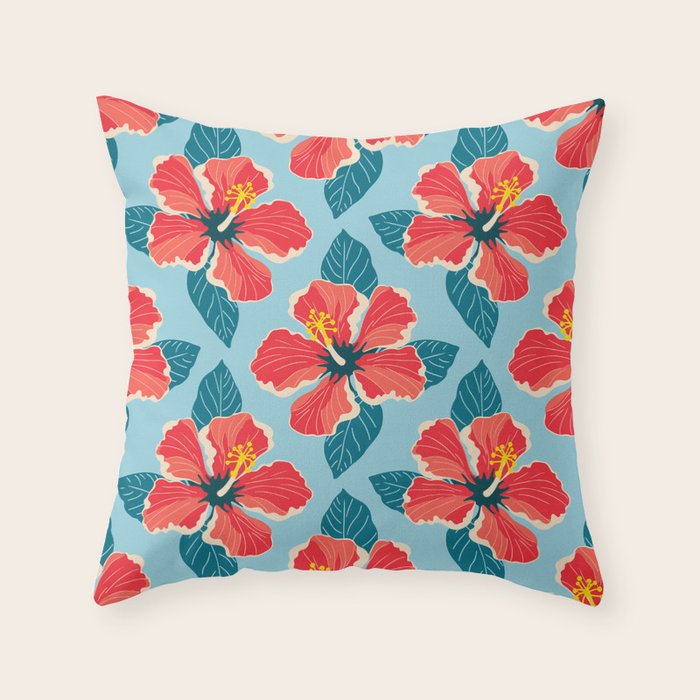 Tropical hibiscus summer flower art pattern Throw Pillow Gallery Image 6