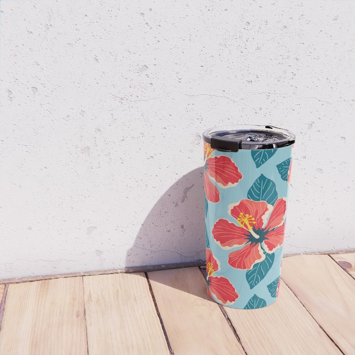 Tropical hibiscus summer flower art pattern Travel Mug Gallery Image 4