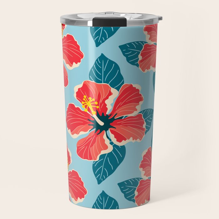 Tropical hibiscus summer flower art pattern Travel Mug Gallery Image 1