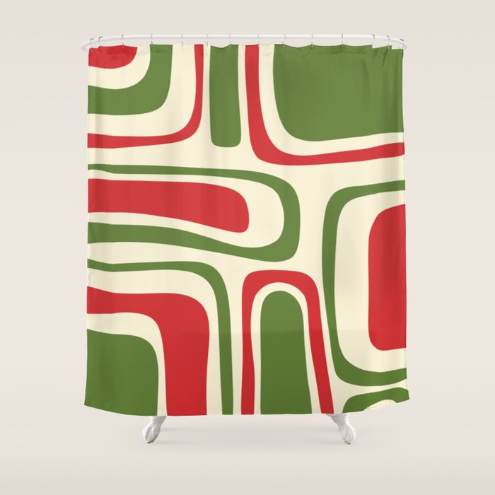 Palm Springs Mid Century Modern Abstract Pattern in Retro Christmas Green Red Cream Shower Curtain Gallery Image 1