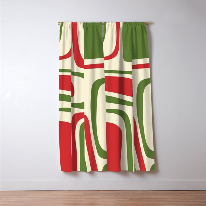 Palm Springs Mid Century Modern Abstract Pattern in Retro Christmas Green Red Cream Window Curtain Gallery Image 3