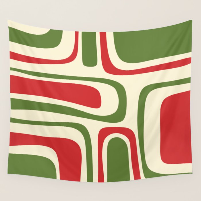 Palm Springs Mid Century Modern Abstract Pattern in Retro Christmas Green Red Cream Wall Tapestry Gallery Image 1