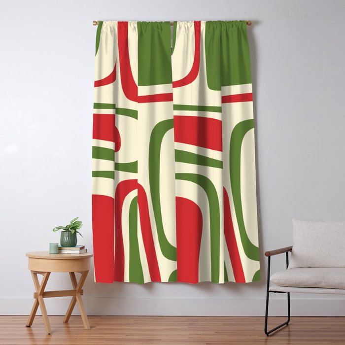 Palm Springs Mid Century Modern Abstract Pattern in Retro Christmas Green Red Cream Window Curtain Gallery Image 1