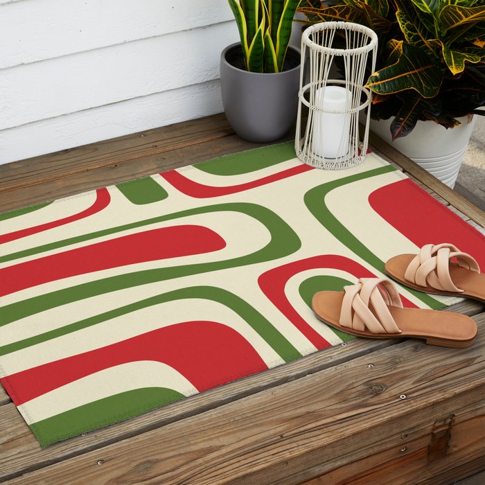 Palm Springs Mid Century Modern Abstract Pattern in Retro Christmas Green Red Cream Outdoor Rug Gallery Image 2