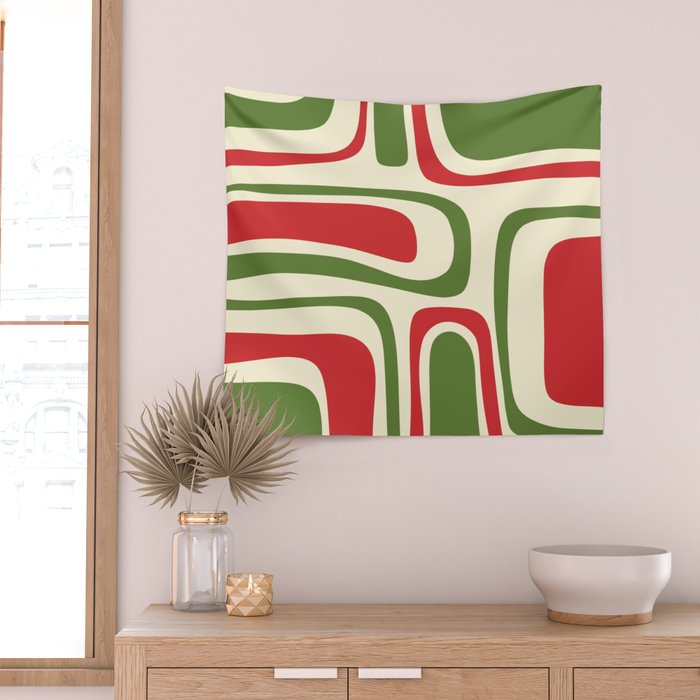Palm Springs Mid Century Modern Abstract Pattern in Retro Christmas Green Red Cream Wall Tapestry Gallery Image 2