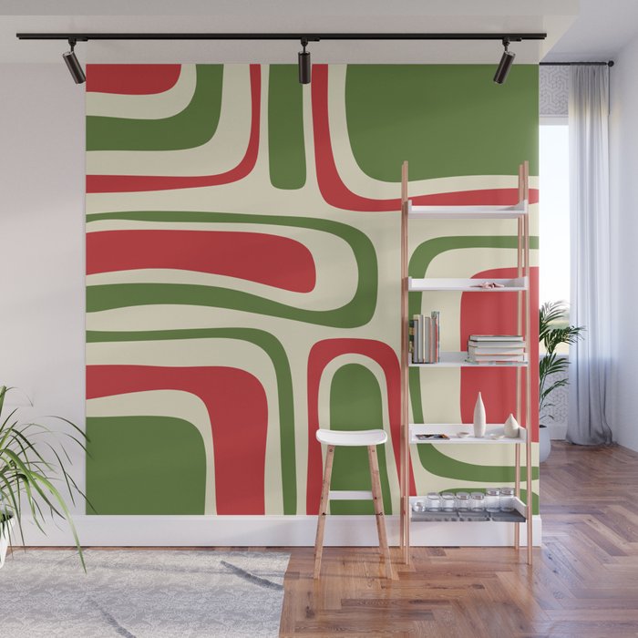 Palm Springs Mid Century Modern Abstract Pattern in Retro Christmas Green Red Cream Wall Mural Gallery Image 1