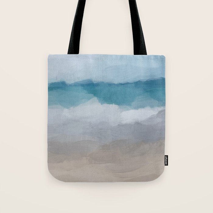 Beach Dream II - Aqua Blue Ocean Shore Break Waves Horizon Sandy Abstract Ocean Painting Art Print Tote Bag Gallery Image 1