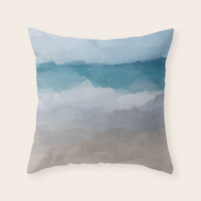 Beach Dream II - Aqua Blue Ocean Shore Break Waves Horizon Sandy Abstract Ocean Painting Art Print Throw Pillow Gallery Image 6