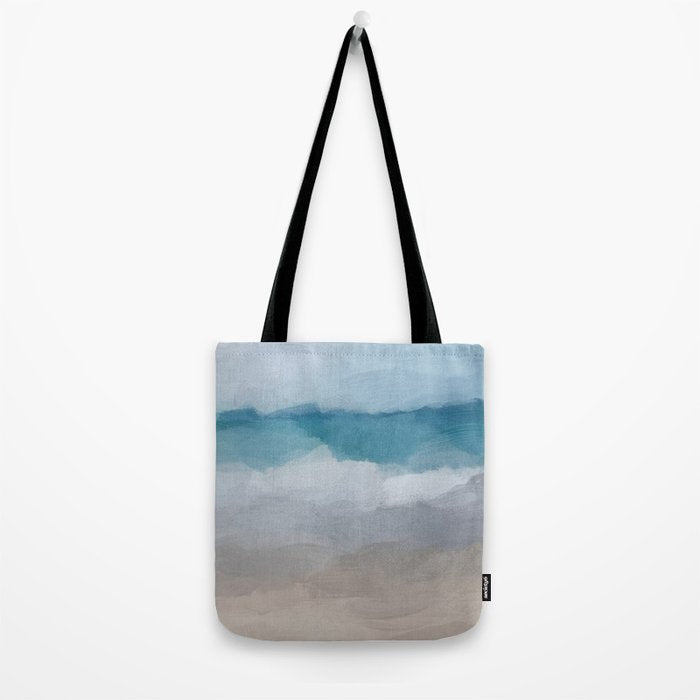 Beach Dream II - Aqua Blue Ocean Shore Break Waves Horizon Sandy Abstract Ocean Painting Art Print Tote Bag Gallery Image 2