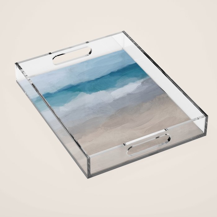Beach Dream II - Aqua Blue Ocean Shore Break Waves Horizon Sandy Abstract Ocean Painting Art Print Acrylic Tray Gallery Image 1