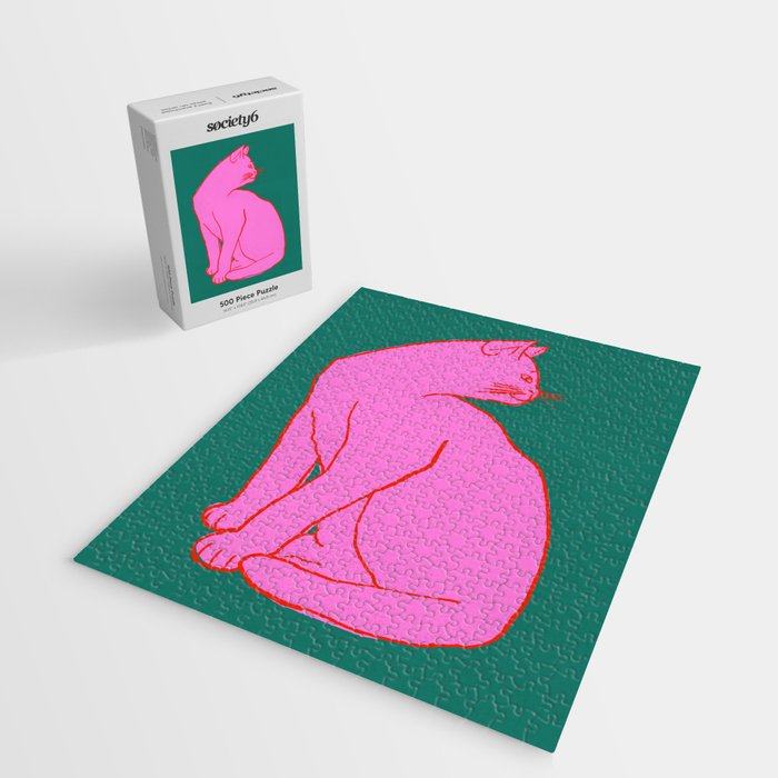 Pink Cat On Green Background Jigsaw Puzzle Gallery Image 2