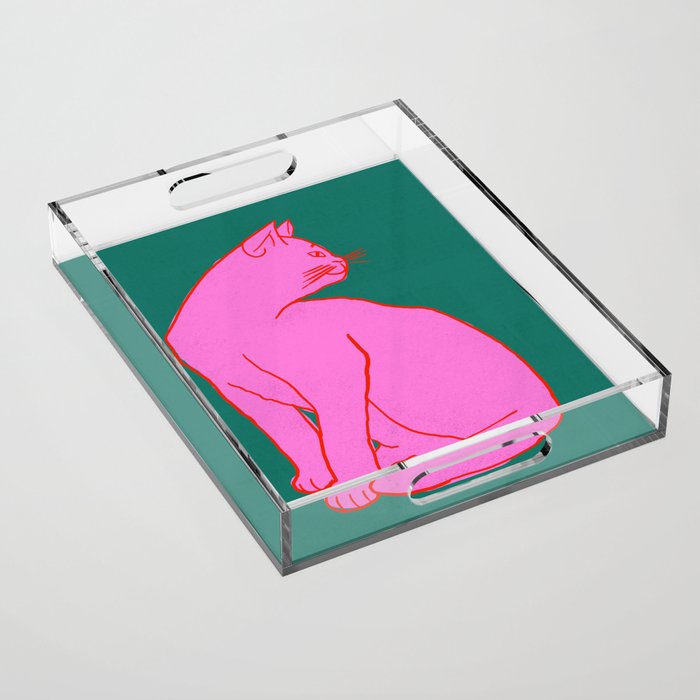 Pink Cat On Green Background Acrylic Tray Gallery Image 1