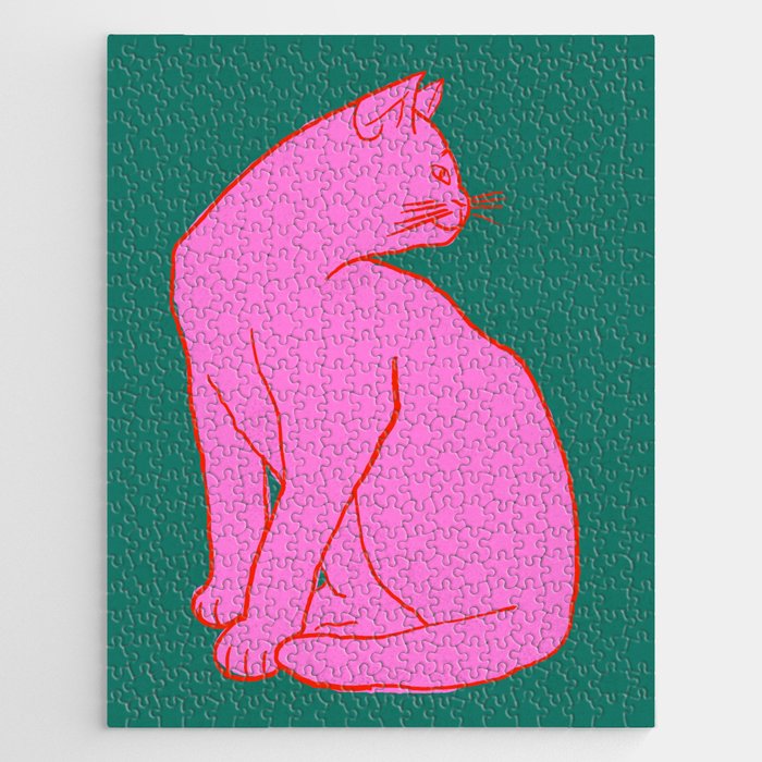 Pink Cat On Green Background Jigsaw Puzzle Gallery Image 1