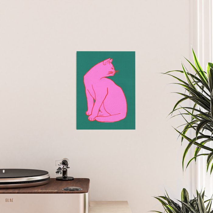 Pink Cat On Green Background Poster Gallery Image 2