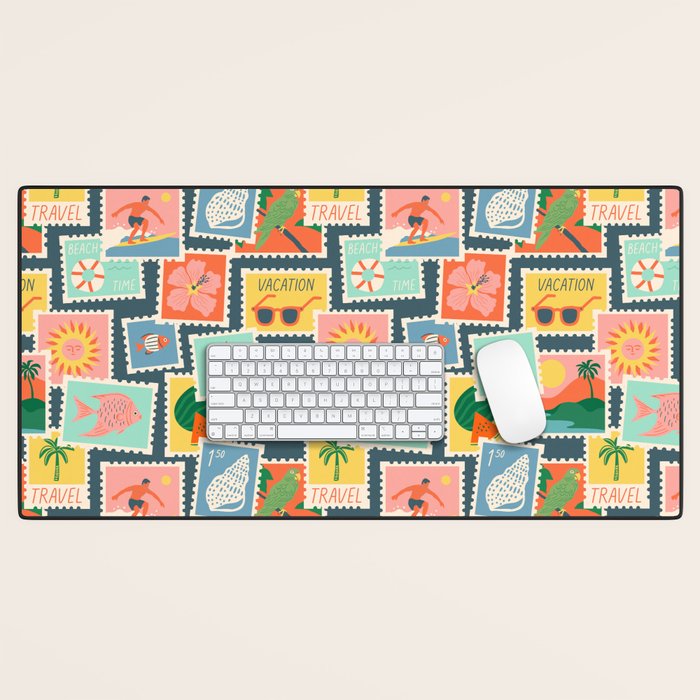 Summer travel postage stamp sticker pattern Desk Mat Gallery Image 1
