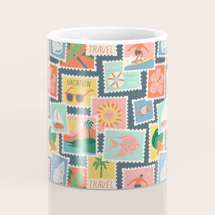 Summer travel postage stamp sticker pattern Coffee Mug Gallery Image 4