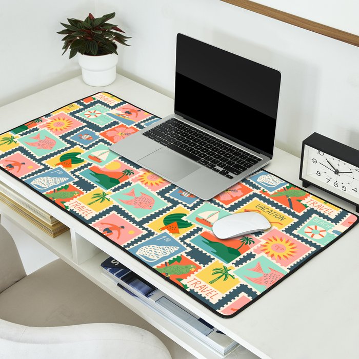 Summer travel postage stamp sticker pattern Desk Mat Gallery Image 2