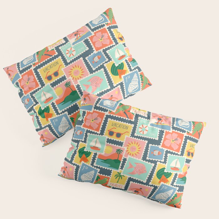 Summer travel postage stamp sticker pattern Pillow Sham Gallery Image 3