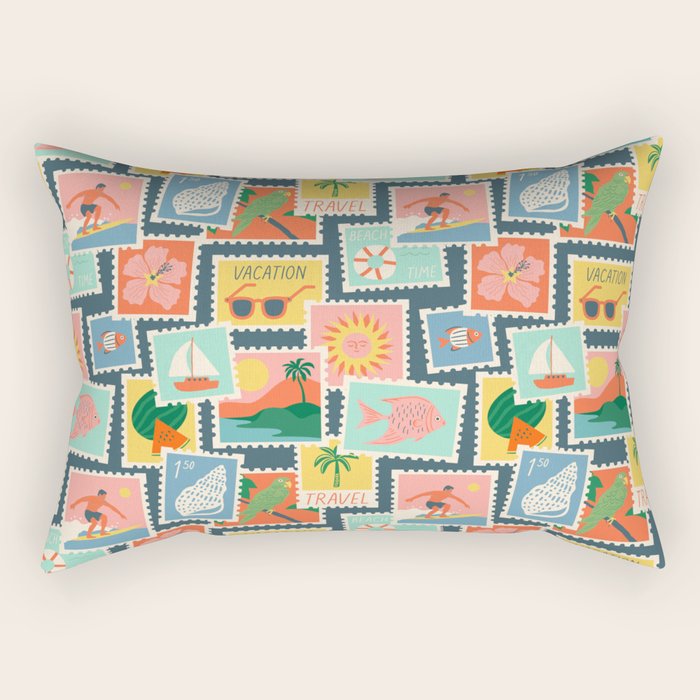 Summer travel postage stamp sticker pattern Rectangular Pillow Gallery Image 1