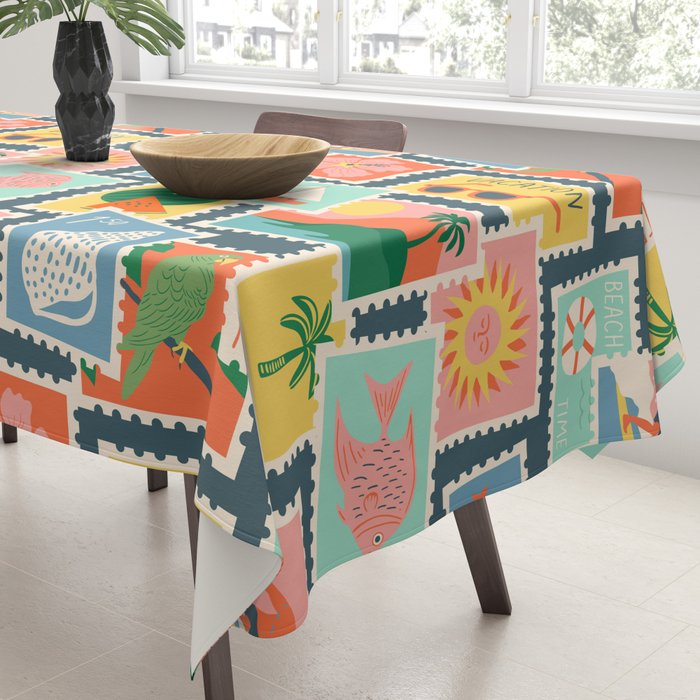 Summer travel postage stamp sticker pattern Tablecloth Gallery Image 3