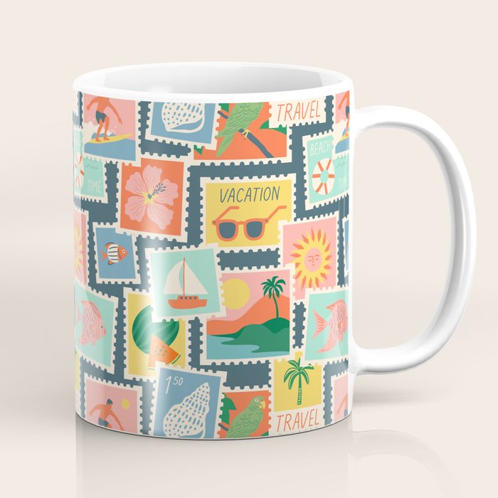 Summer travel postage stamp sticker pattern Coffee Mug Gallery Image 1