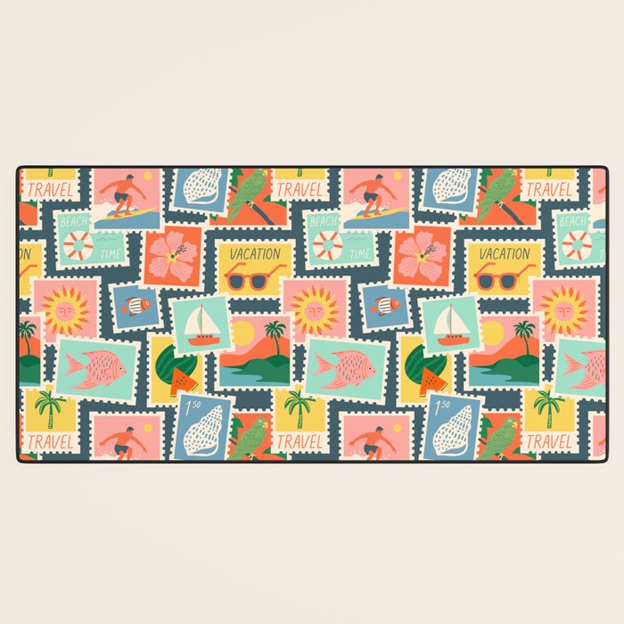 Summer travel postage stamp sticker pattern Desk Mat Gallery Image 3