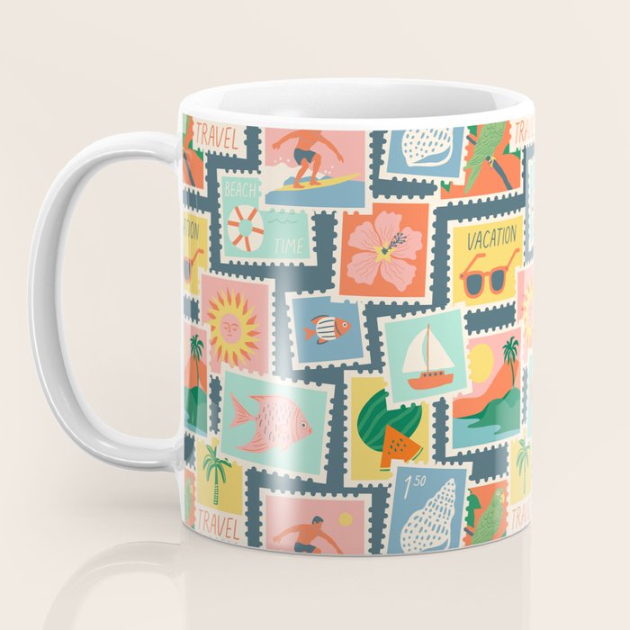 Summer travel postage stamp sticker pattern Coffee Mug Gallery Image 3
