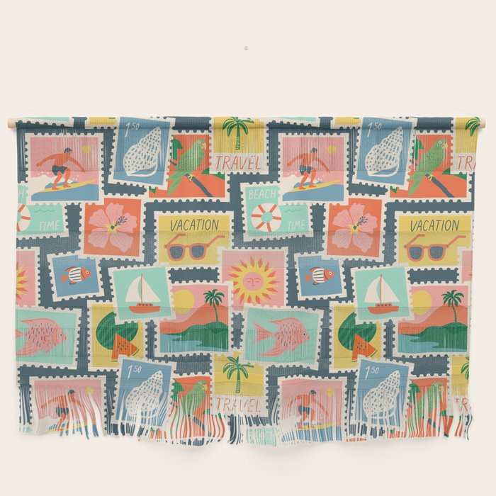 Summer travel postage stamp sticker pattern Wall Hanging Gallery Image 1