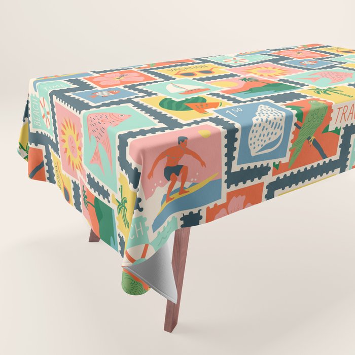 Summer travel postage stamp sticker pattern Tablecloth Gallery Image 1