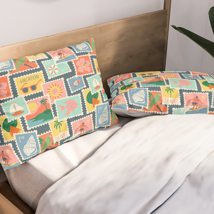 Summer travel postage stamp sticker pattern Pillow Sham Gallery Image 2