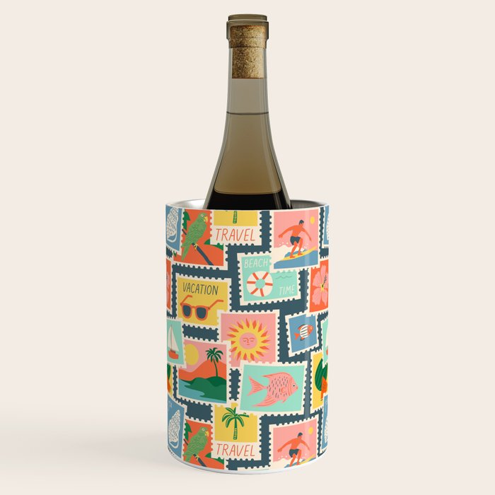 Summer travel postage stamp sticker pattern Wine Chiller Gallery Image 1