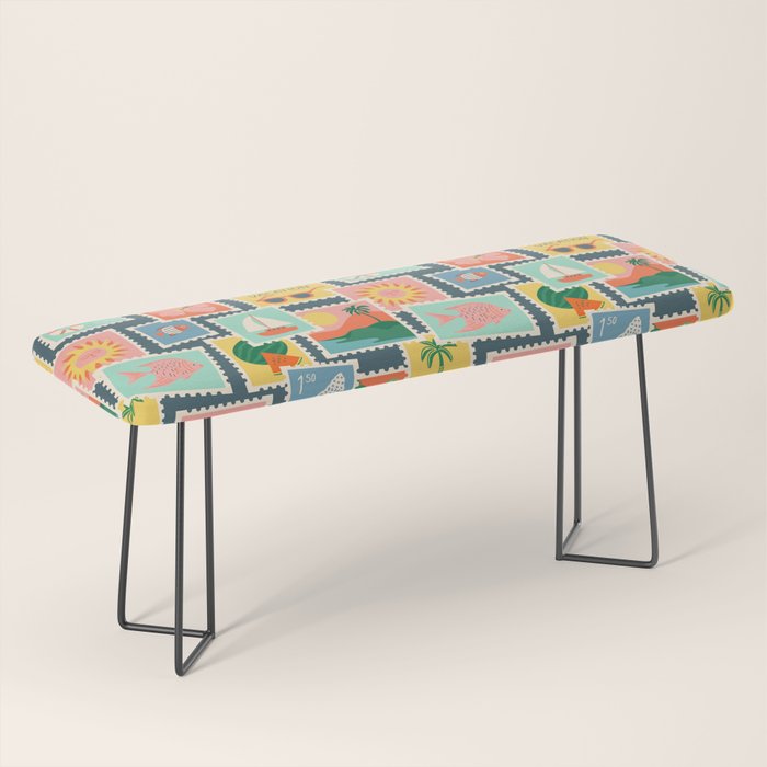 Summer travel postage stamp sticker pattern Bench Gallery Image 1