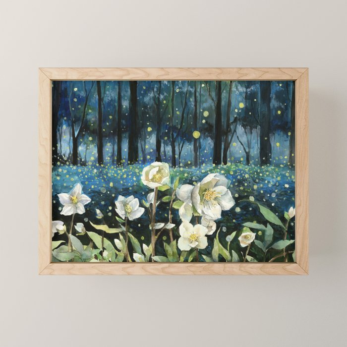 Magical Forest at Night, Fireflies and Helleborus Mini Art Print Gallery Image 1