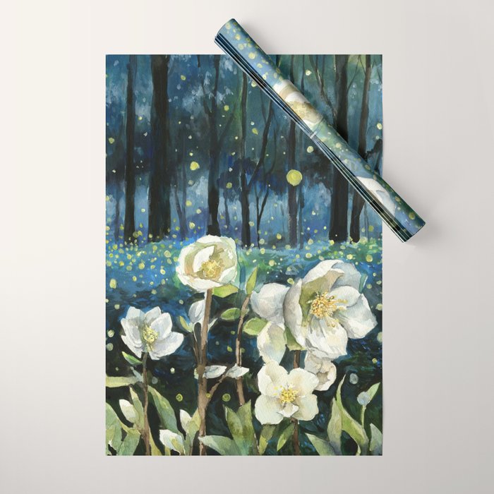 Magical Forest at Night, Fireflies and Helleborus Wrapping Paper Gallery Image 1