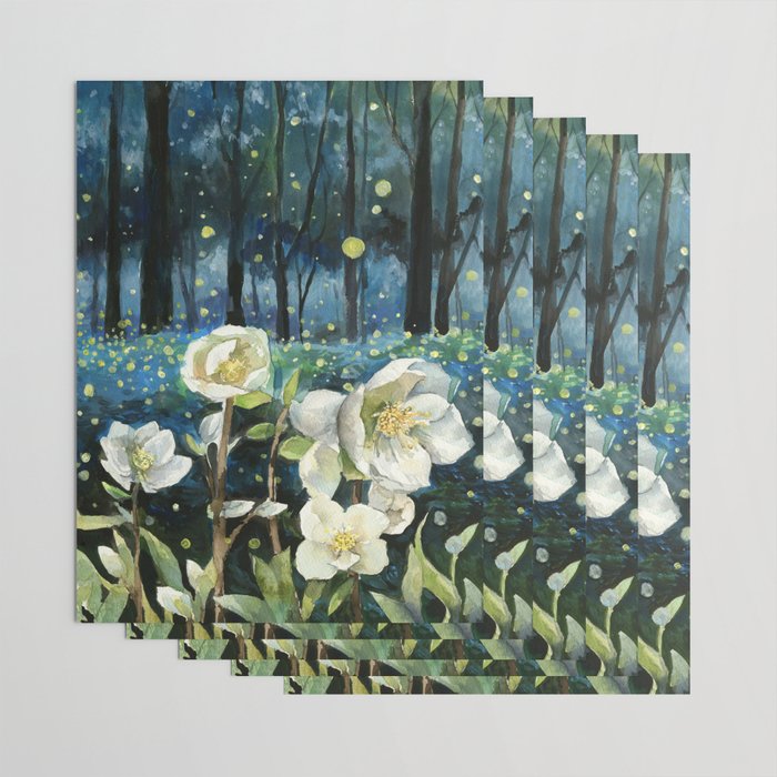 Magical Forest at Night, Fireflies and Helleborus Wrapping Paper Gallery Image 3