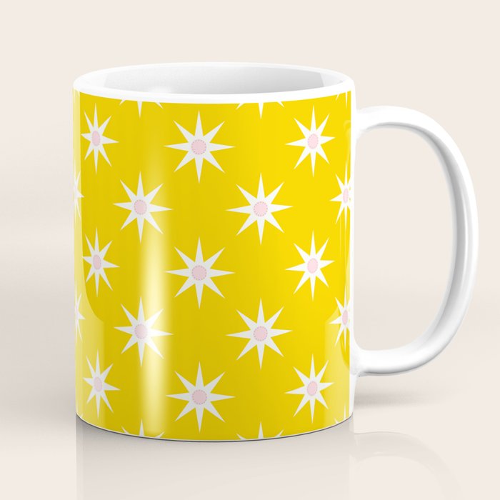 Northern Winter Star Festive Grid Pink White and Bright Yellow Coffee Mug Gallery Image 1