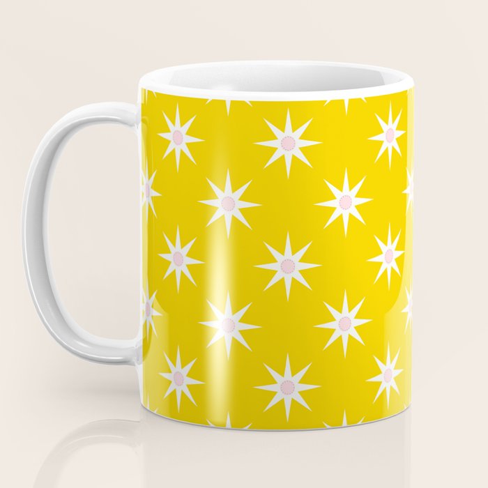 Northern Winter Star Festive Grid Pink White and Bright Yellow Coffee Mug Gallery Image 3