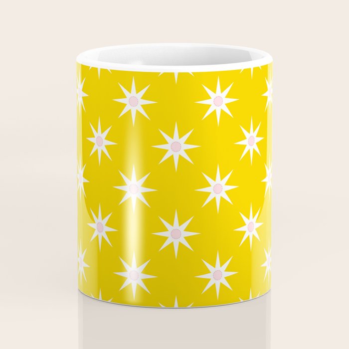 Northern Winter Star Festive Grid Pink White and Bright Yellow Coffee Mug Gallery Image 4